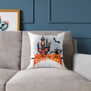 Spooky Halloween Pillow, Decorative Square Throw Pillow, Haunted House Cushion, Cozy Fall Decor, Halloween Home Accent