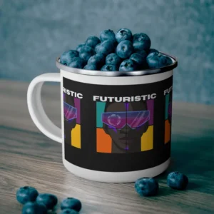 Futuristic Enamel Camping Mug, Unique Camp Mug, Outdoor Adventure Gift, Retro Mug, Camping Accessories, Sci-Fi Coffee Cup